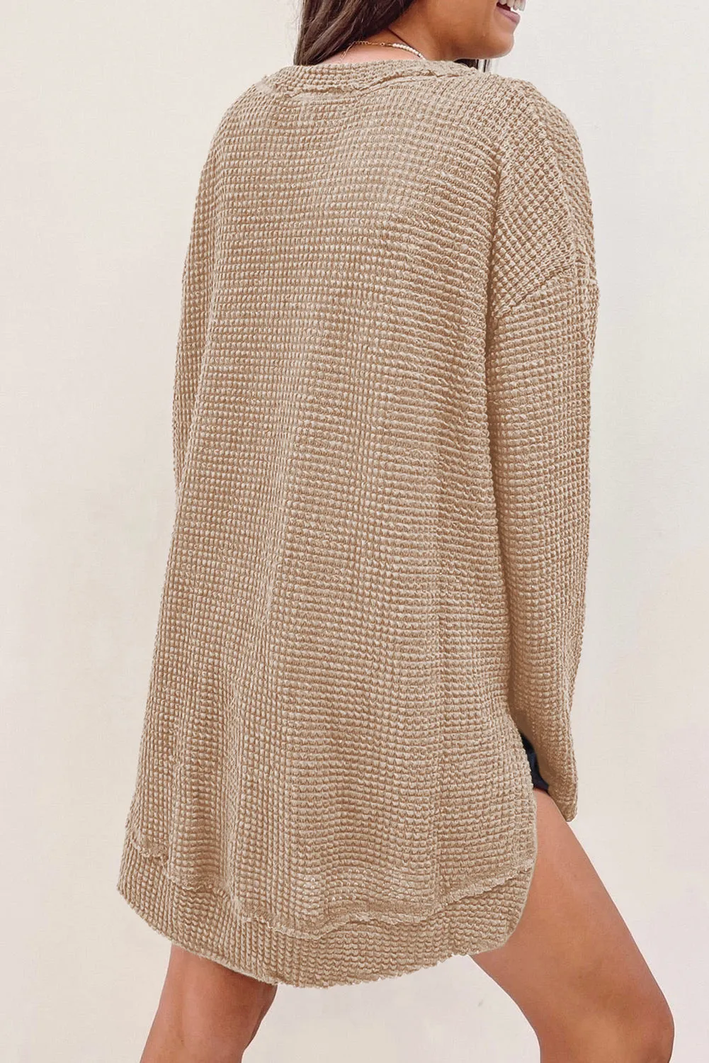 Khaki Green Waffle Knit High Slits Oversized Top