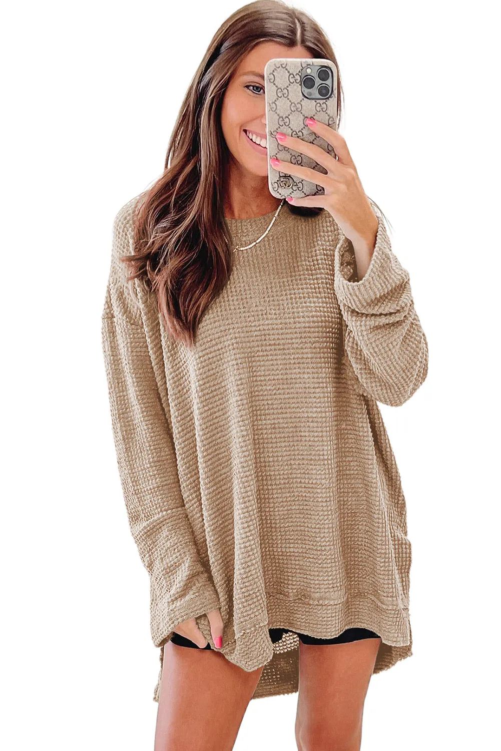 Khaki Green Waffle Knit High Slits Oversized Top