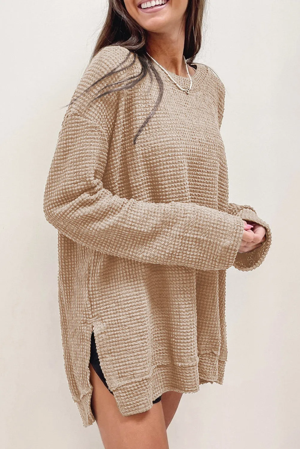 Khaki Green Waffle Knit High Slits Oversized Top