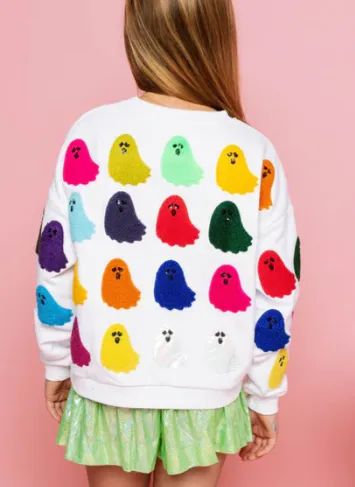 KIDS Queen of Sparkles White Rainbow Fuzzy Ghost Sweatshirt
