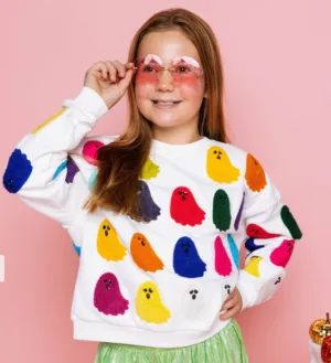 KIDS Queen of Sparkles White Rainbow Fuzzy Ghost Sweatshirt