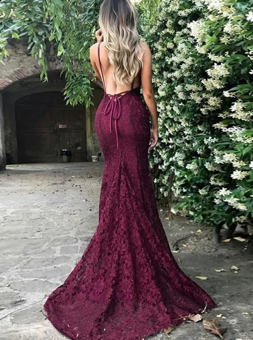 Lace Burgundy Spaghetti Straps V-neck Mermaid Prom Dresses Train,MP625