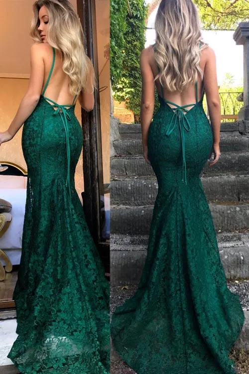 Lace Burgundy Spaghetti Straps V-neck Mermaid Prom Dresses Train,MP625
