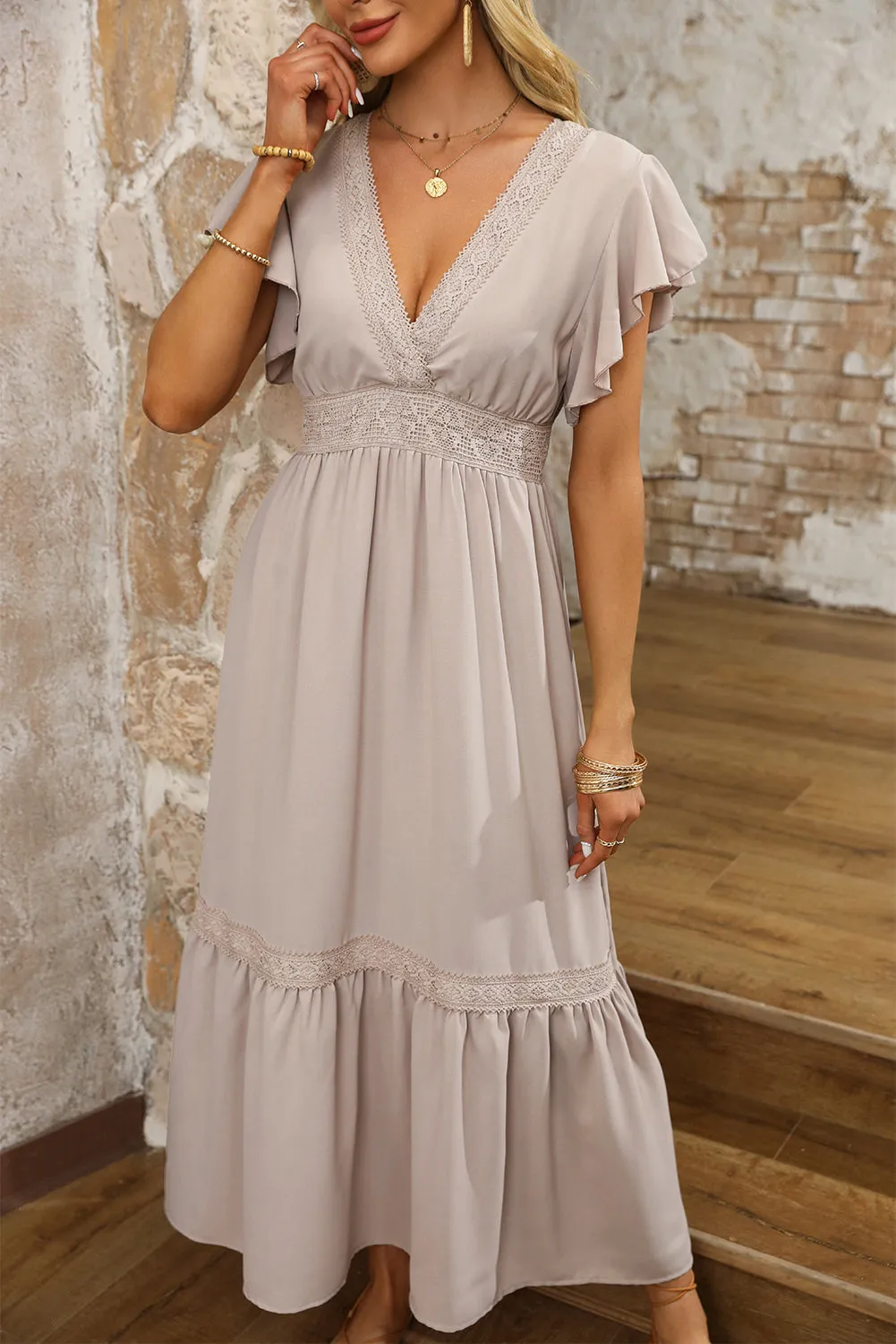 Lace Ruffled Sleeve Empire Waist Dress