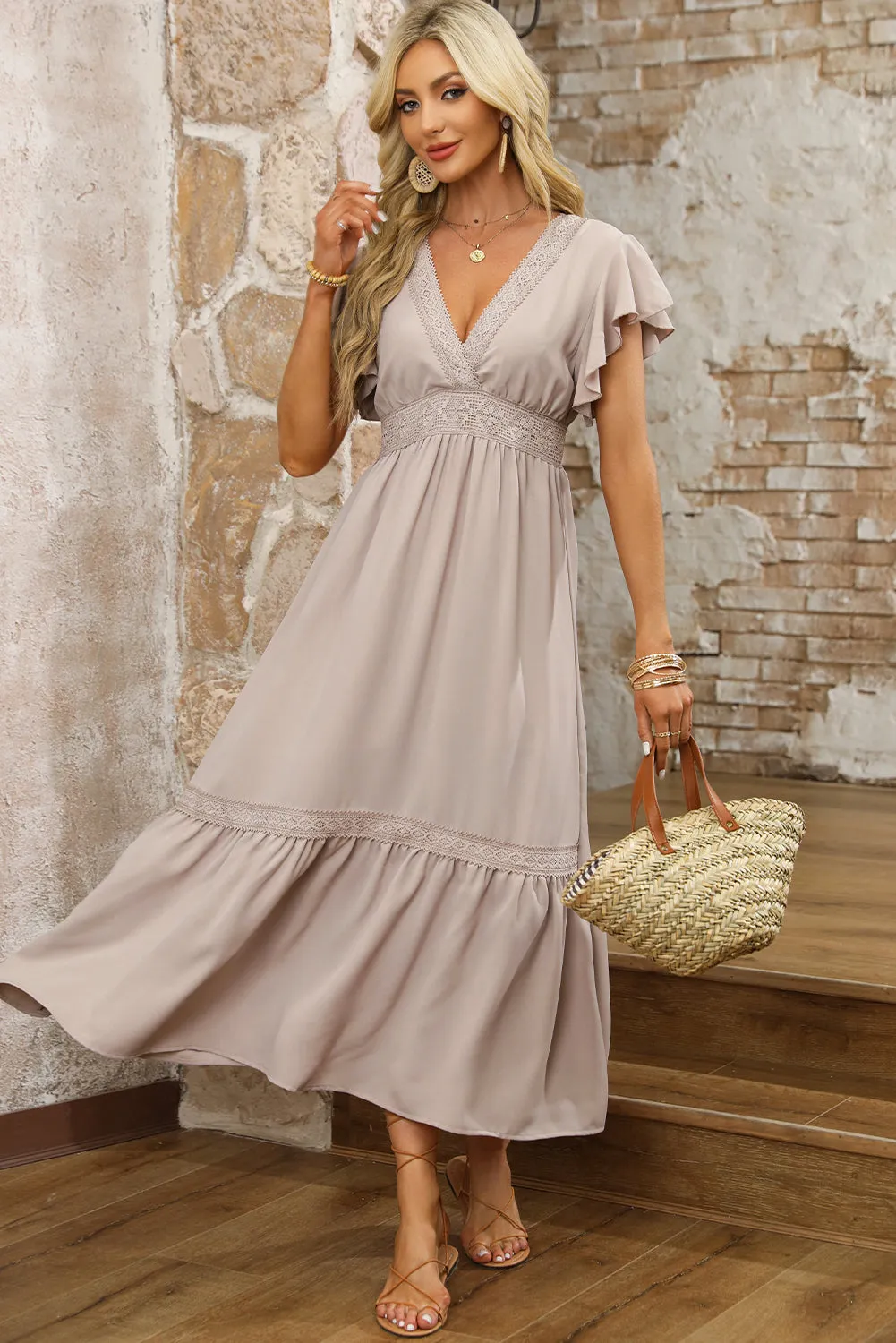 Lace Ruffled Sleeve Empire Waist Dress
