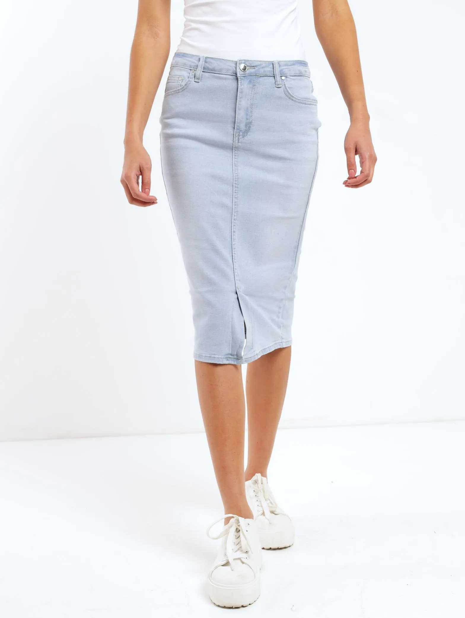 Ladies Denim Pencil Skirt - Light Wash