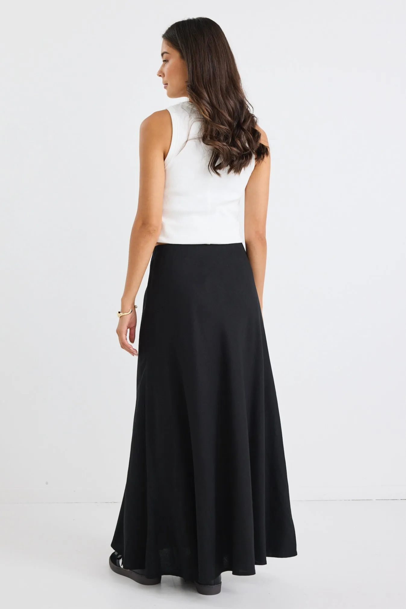 Lagos Black Linen Blend Bias Cut Maxi Skirt