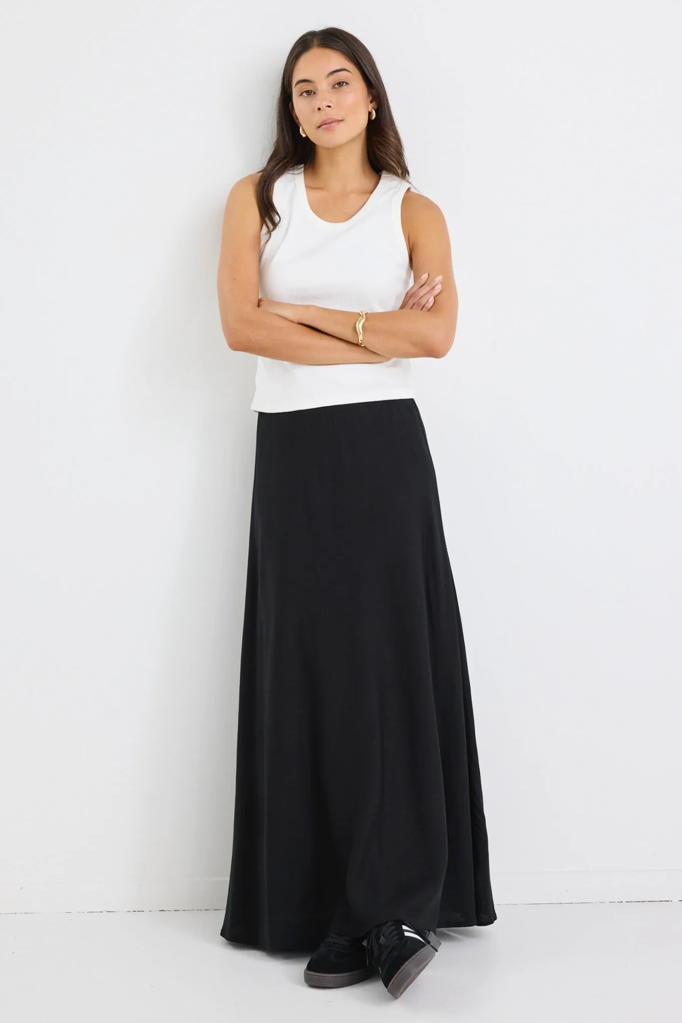 Lagos Black Linen Blend Bias Cut Maxi Skirt