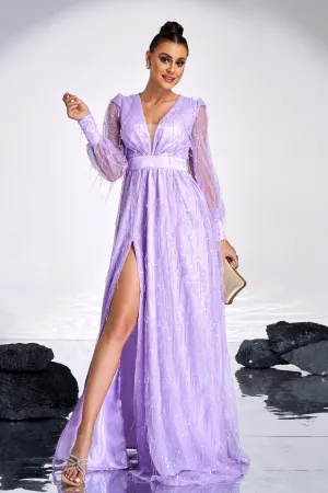 Lavender Long Sleeves V-neck Prom Dress