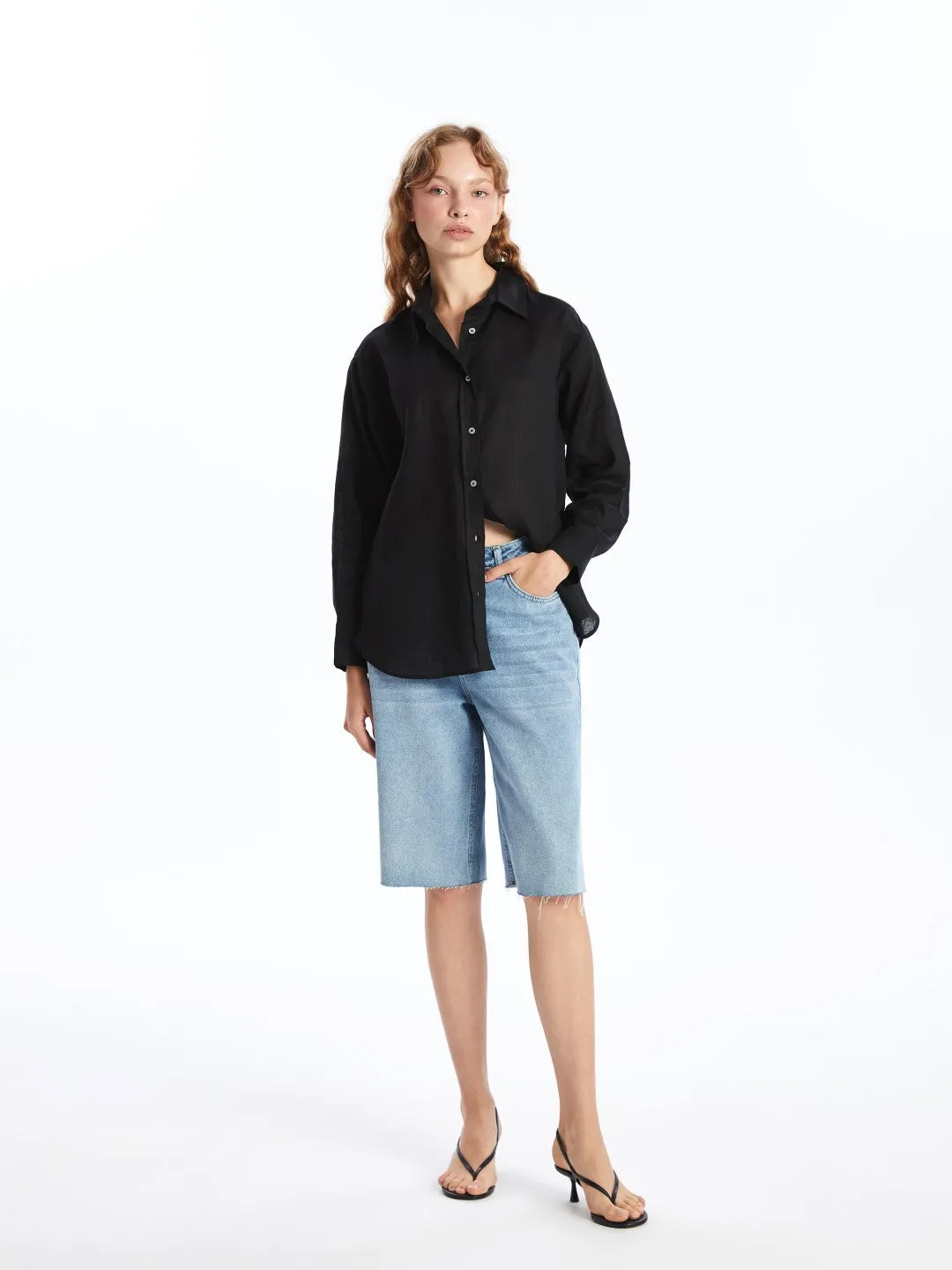 LCW Vision

New Black Plain Long Sleeve Oversize Linen Women's Shirt
