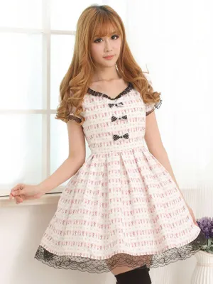 Light Pink White Lolita OP Dress Short Sleeves Lace Trim Bows