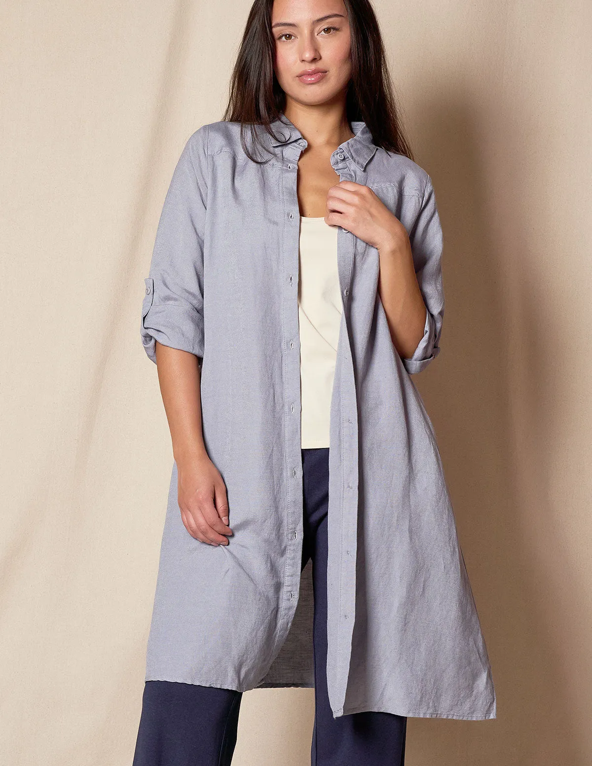 Linen / Bamboo Shirtdress - Stone Blue