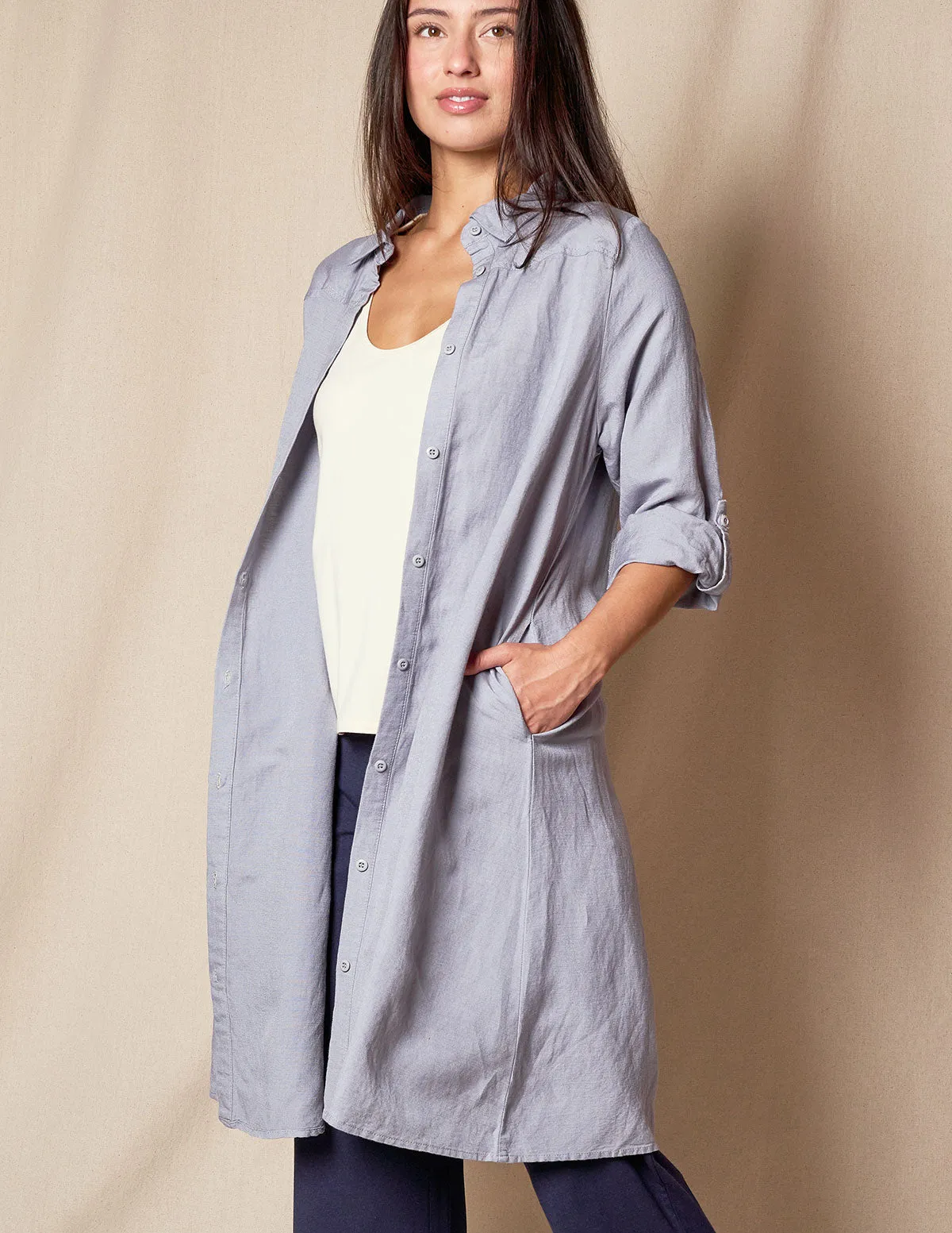 Linen / Bamboo Shirtdress - Stone Blue