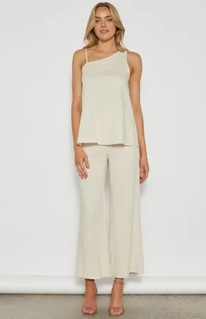LINEN BLEND ASYMMETRIC NECKLINE LONG TOP