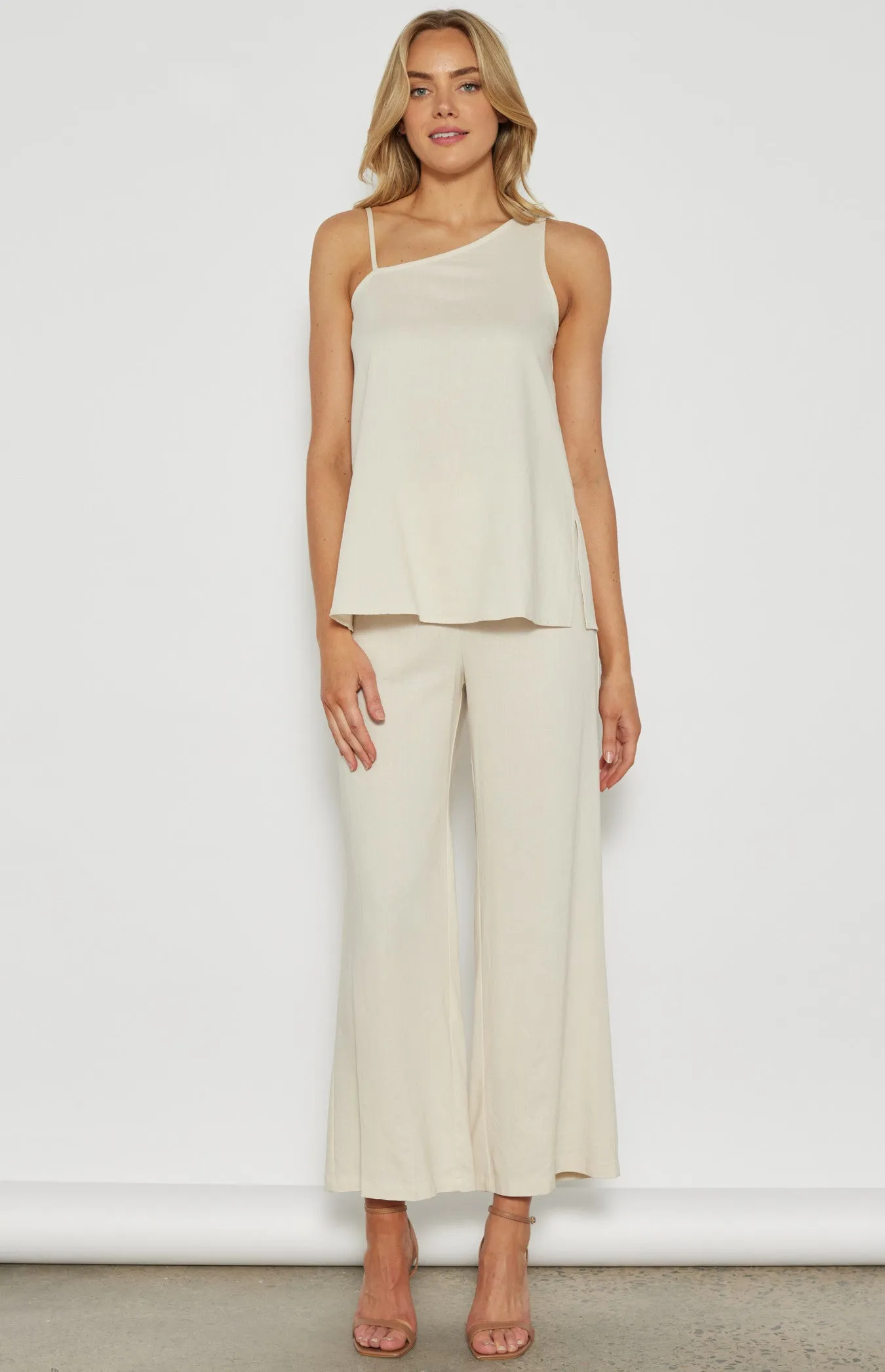 LINEN BLEND ASYMMETRIC NECKLINE LONG TOP