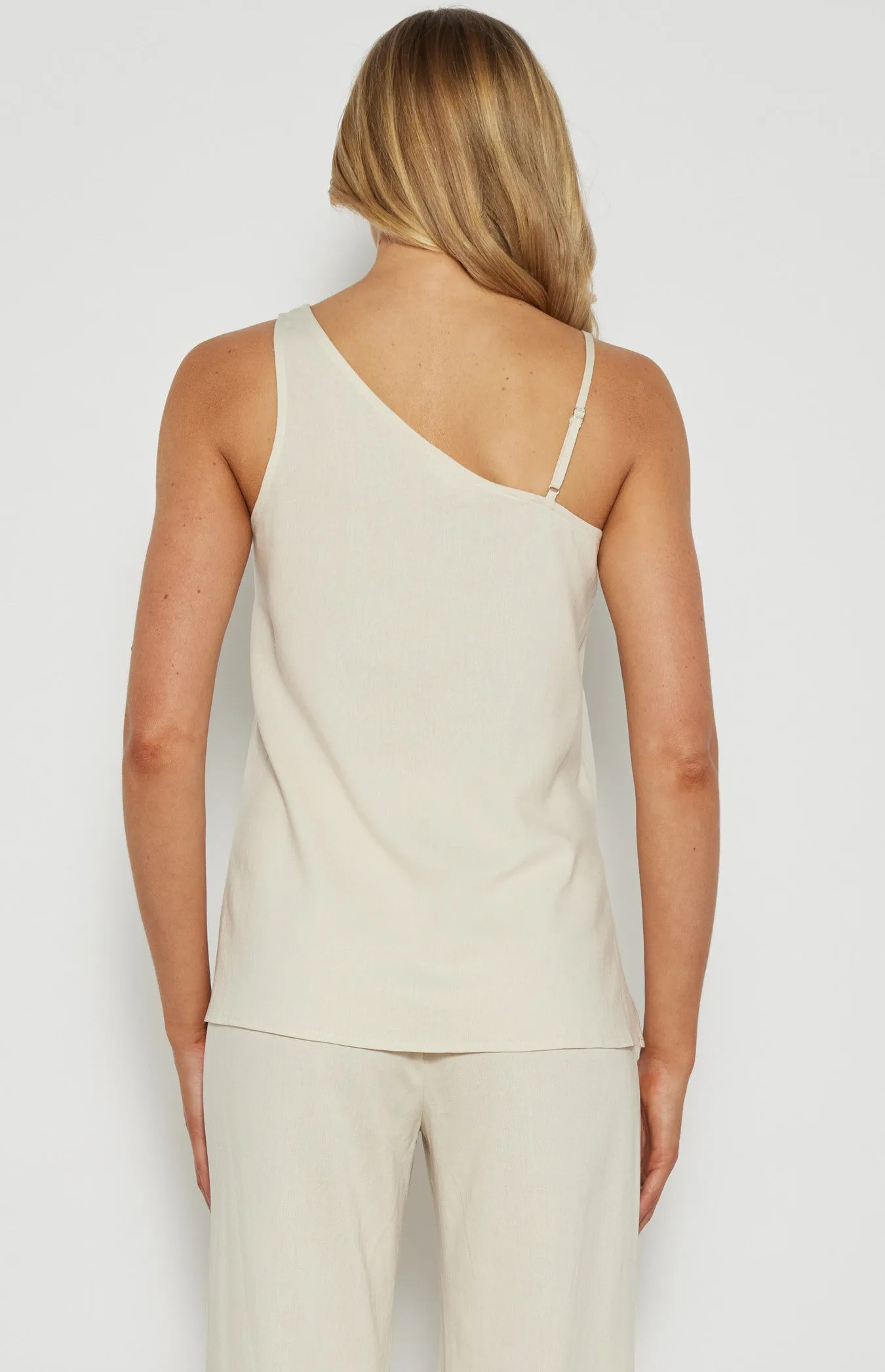LINEN BLEND ASYMMETRIC NECKLINE LONG TOP
