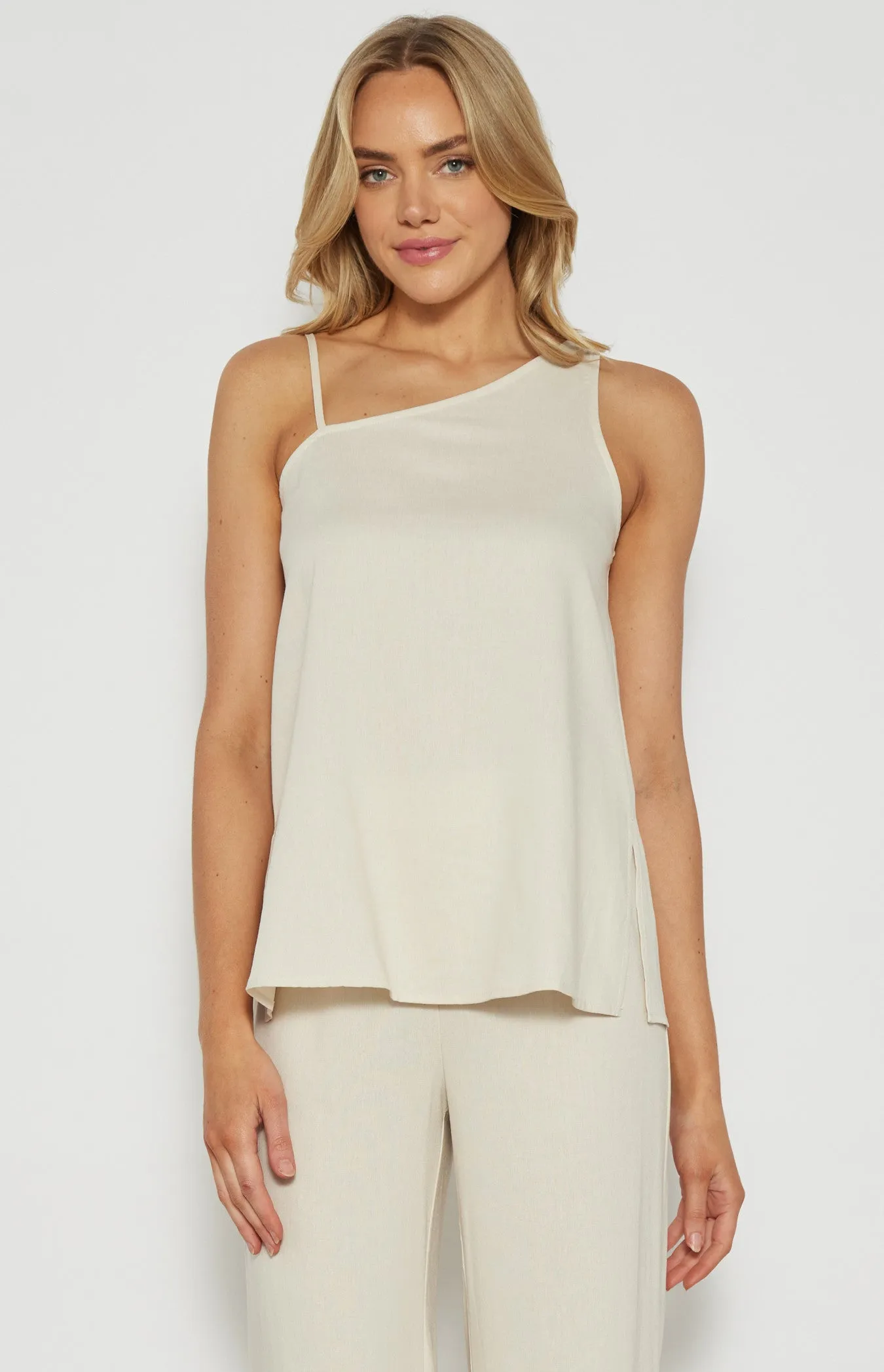 LINEN BLEND ASYMMETRIC NECKLINE LONG TOP