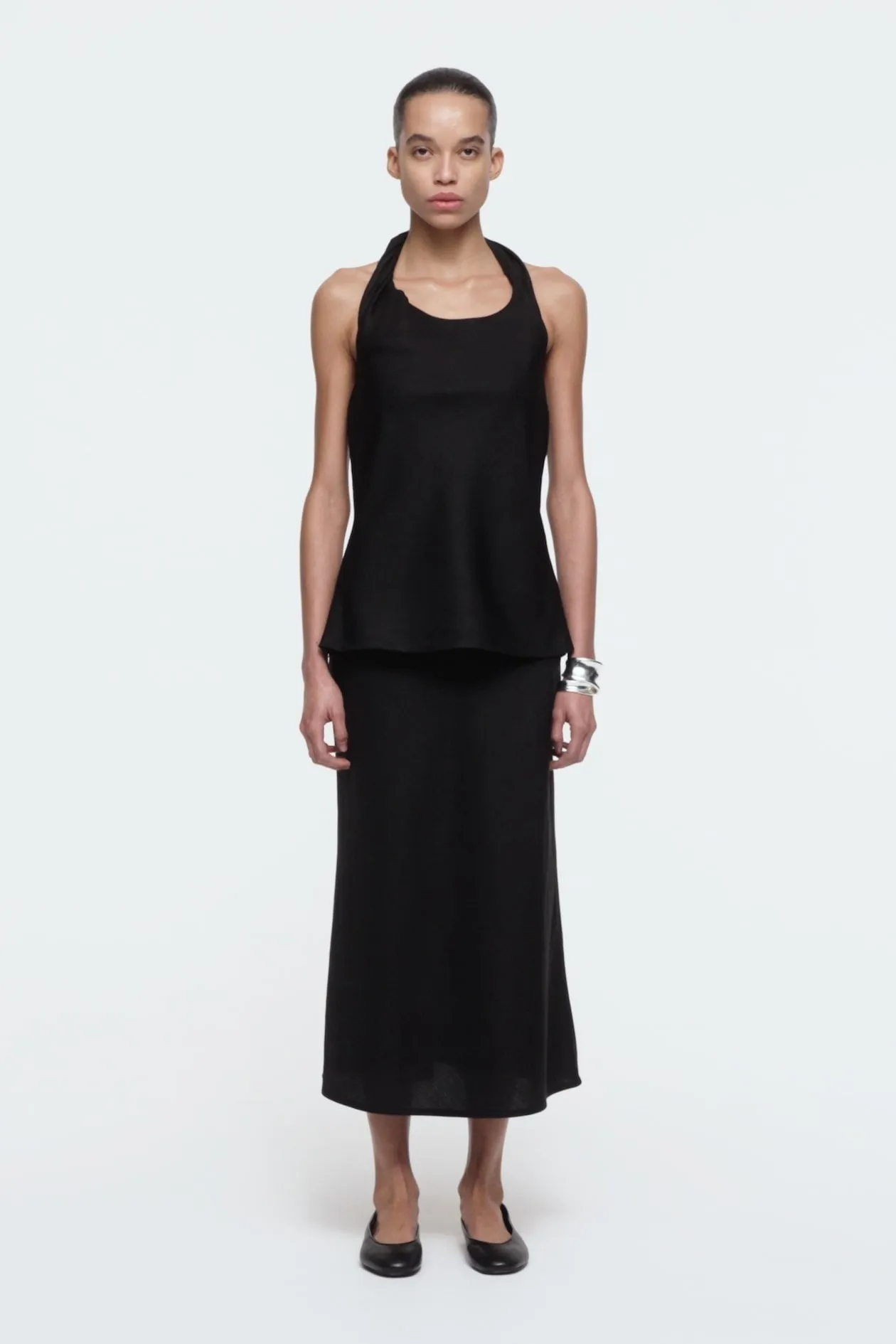 Linen-blend midi column skirt