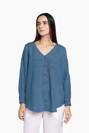 Linen Caprice Top-Pacific Blue