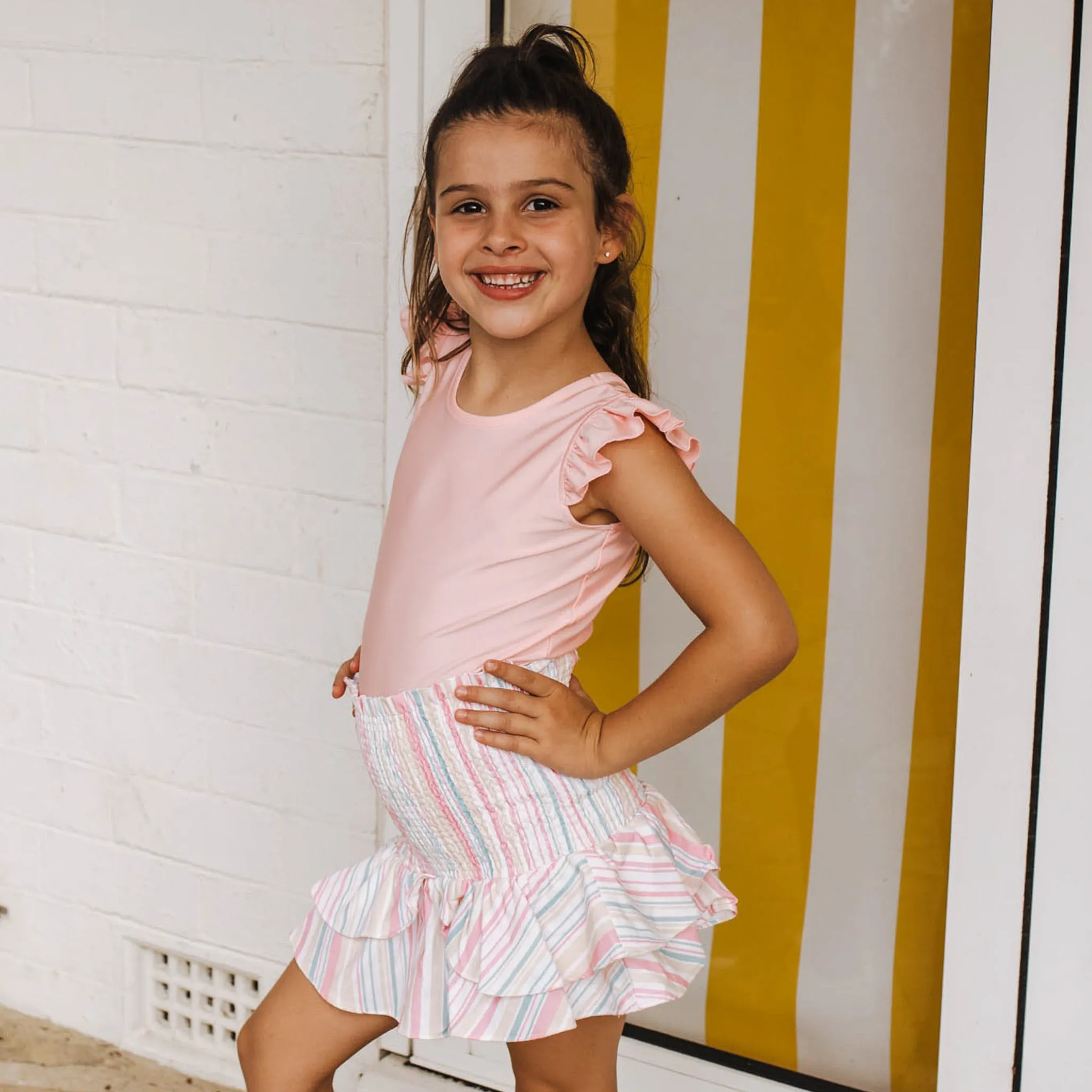 LITTLE HEARTS 2-IN-1 SHIRRED TOP/SKIRT STRIPE
