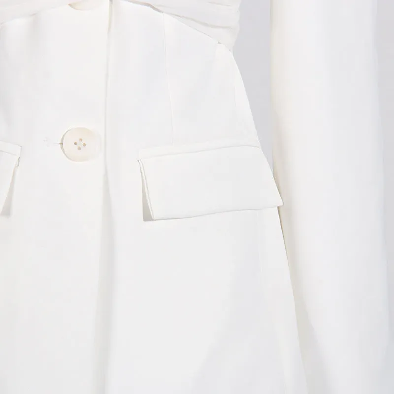 Long-Sleeve Off Shoulder Plain Ruched Panel Mesh Mini A-Line Blazer Dress