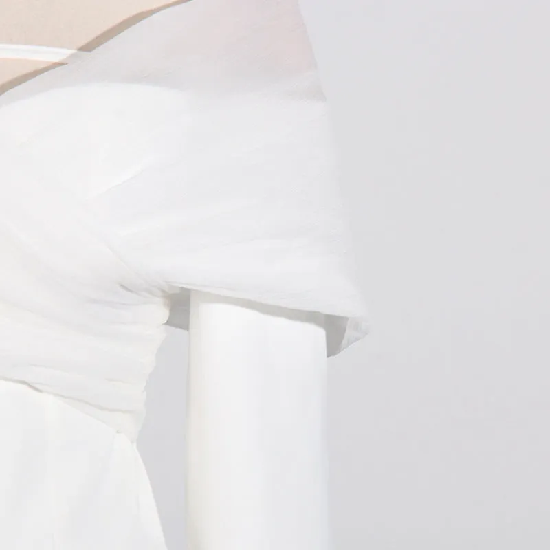 Long-Sleeve Off Shoulder Plain Ruched Panel Mesh Mini A-Line Blazer Dress