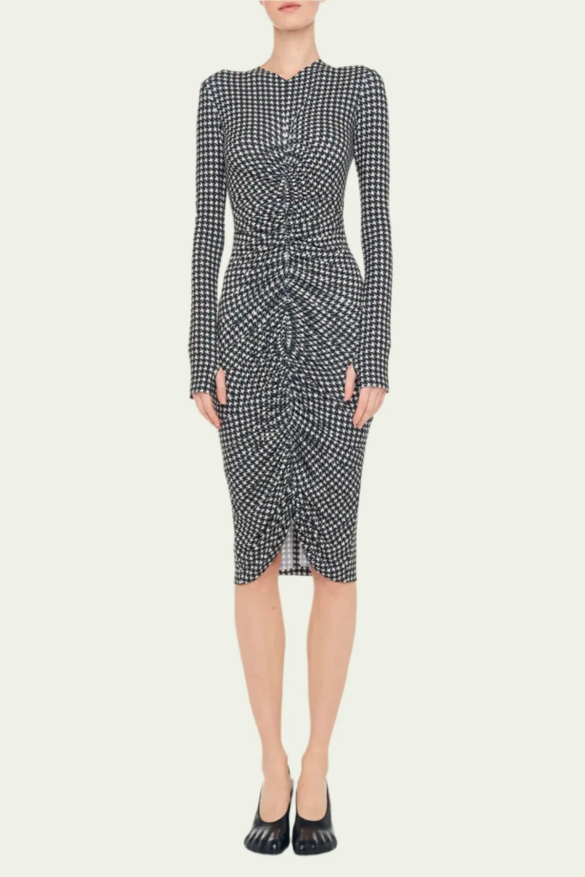 Long Sleeve V Neck Shirred Front Dress To Knee in Large Houndstooth