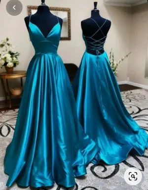 Long V-Neck Peacock Satin Dresses with Pockets