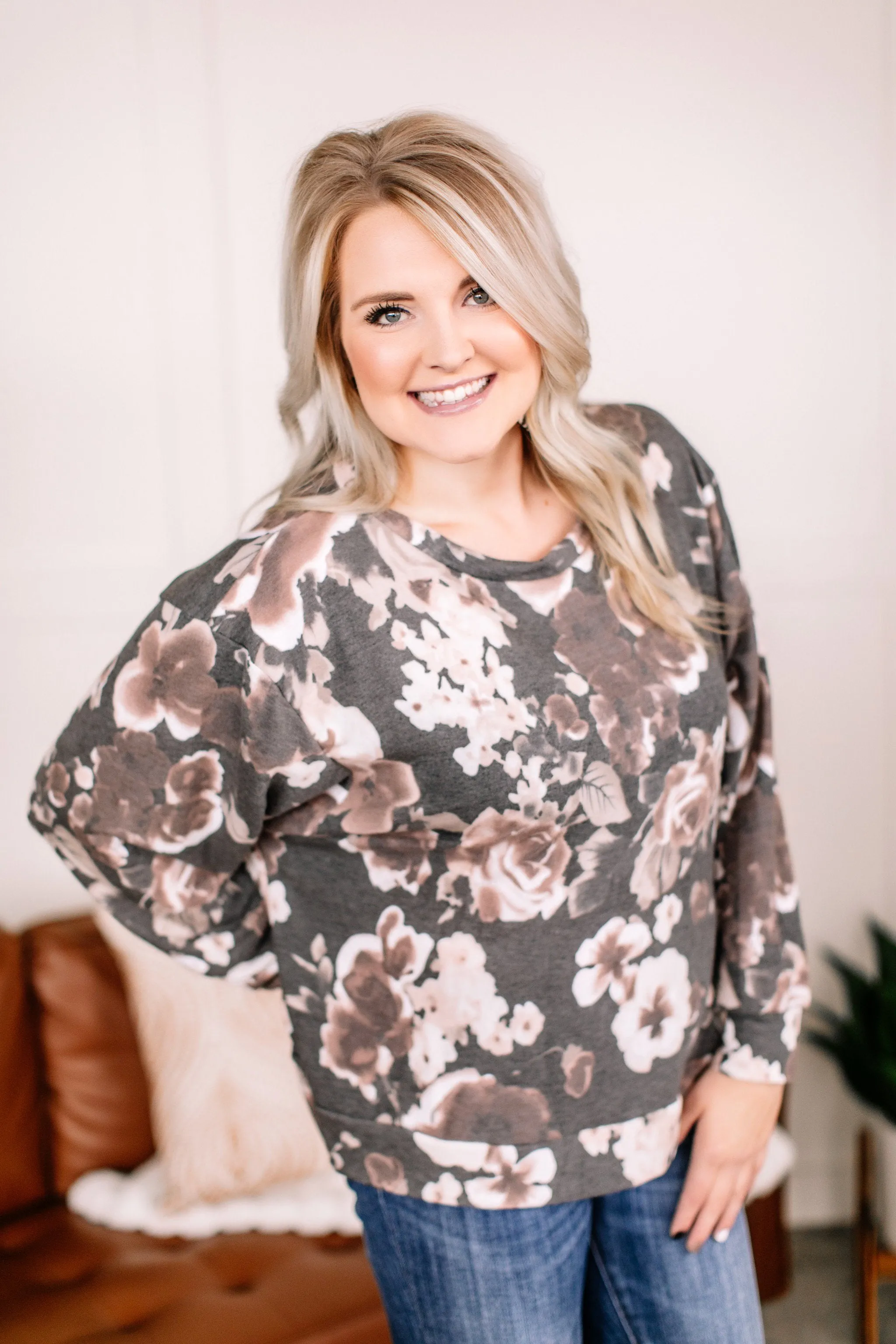 Love Is Blind Charcoal Floral Top