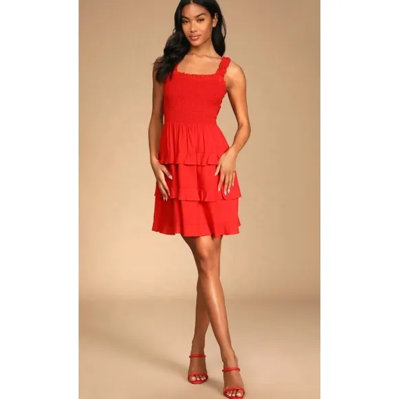Lulu's | Super Sweet Red Smocked Ruffled Tie-Back Mini Dress NEW Size Medium