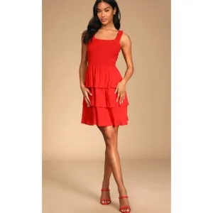 Lulu's | Super Sweet Red Smocked Ruffled Tie-Back Mini Dress NEW Size Medium