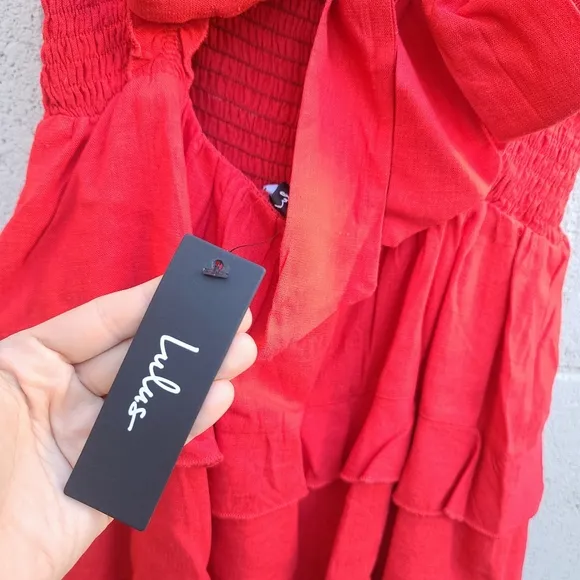 Lulu's | Super Sweet Red Smocked Ruffled Tie-Back Mini Dress NEW Size Medium