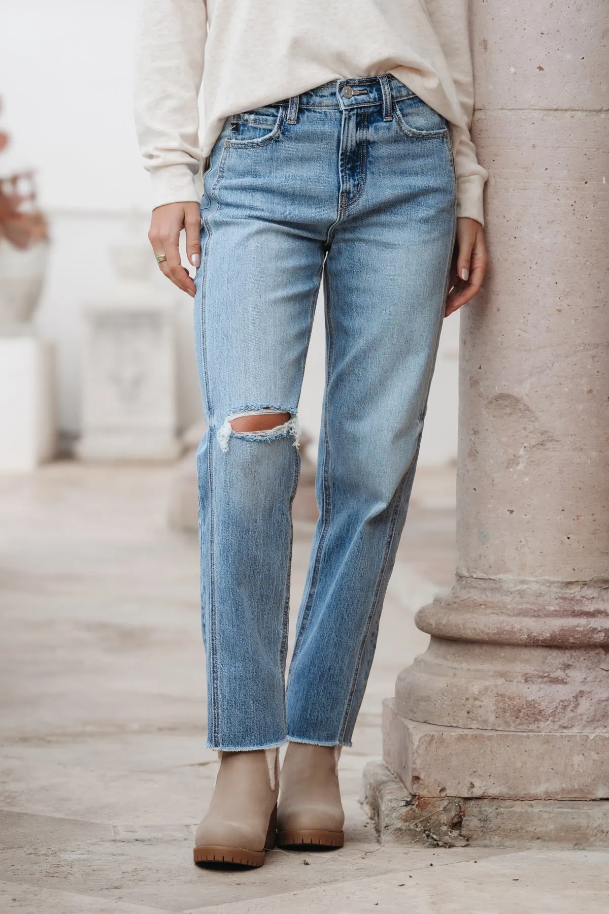 Medium Stone Wash Distressed 90's Boyfriend Jeans - FINAL SALE