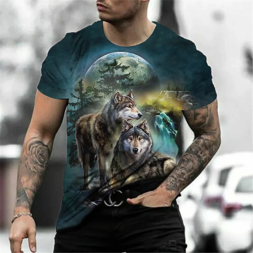 Men's 3D Wolf Print Oversized Streetwear Tee