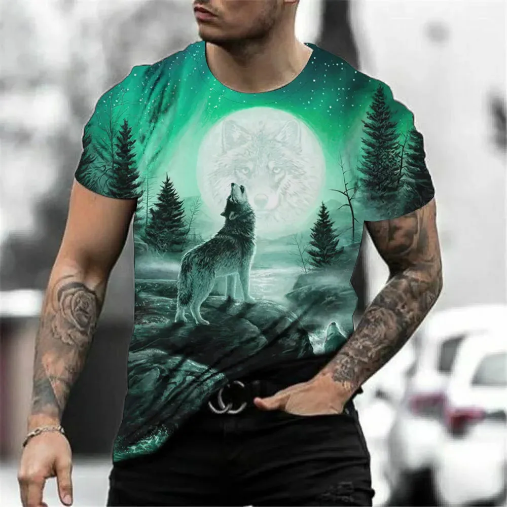 Men's 3D Wolf Print Oversized Streetwear Tee