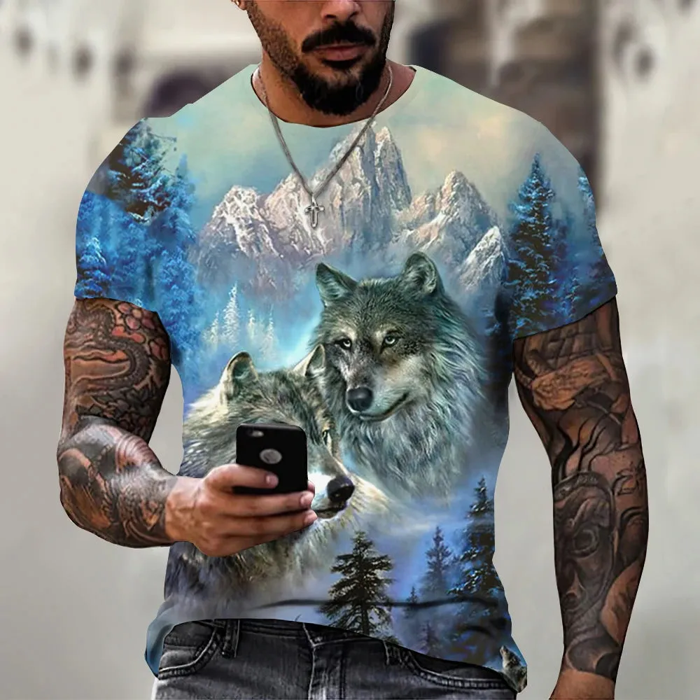 Men's 3D Wolf Print Oversized Streetwear Tee