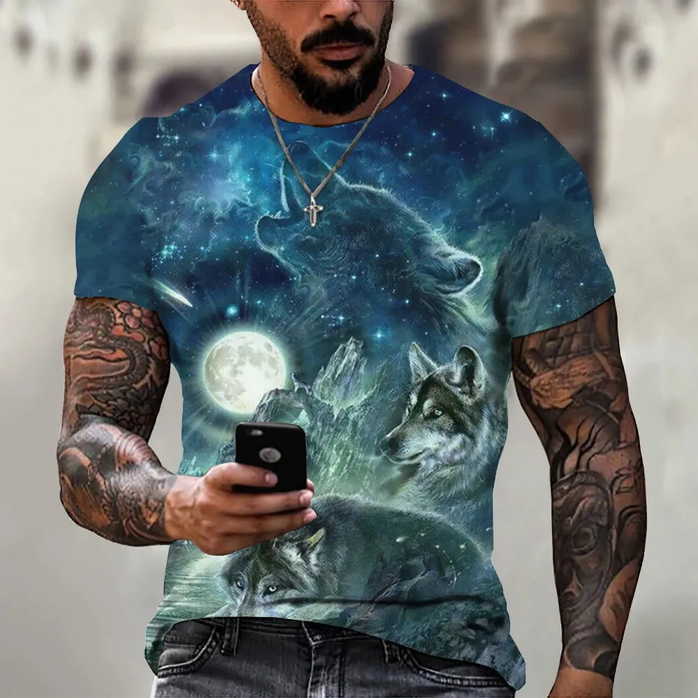 Men's 3D Wolf Print Oversized Streetwear Tee
