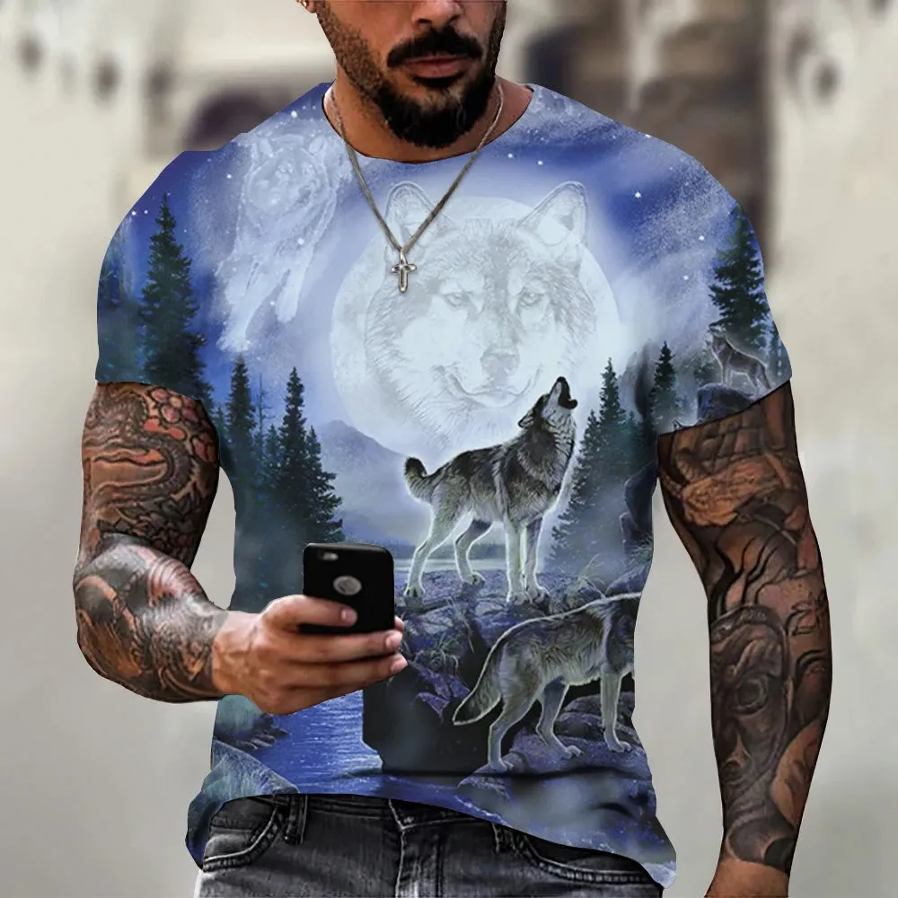 Men's 3D Wolf Print Oversized Streetwear Tee