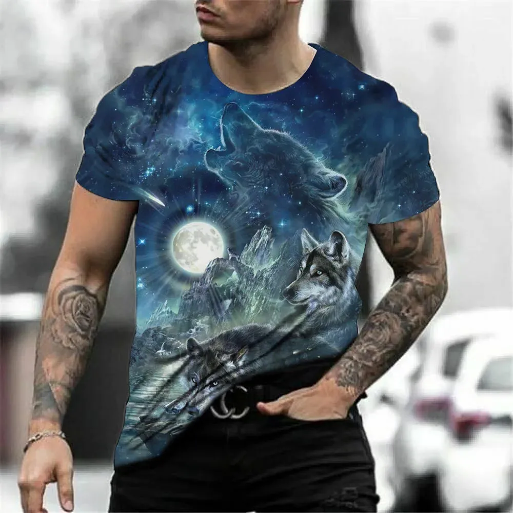 Men's 3D Wolf Print Oversized Streetwear Tee