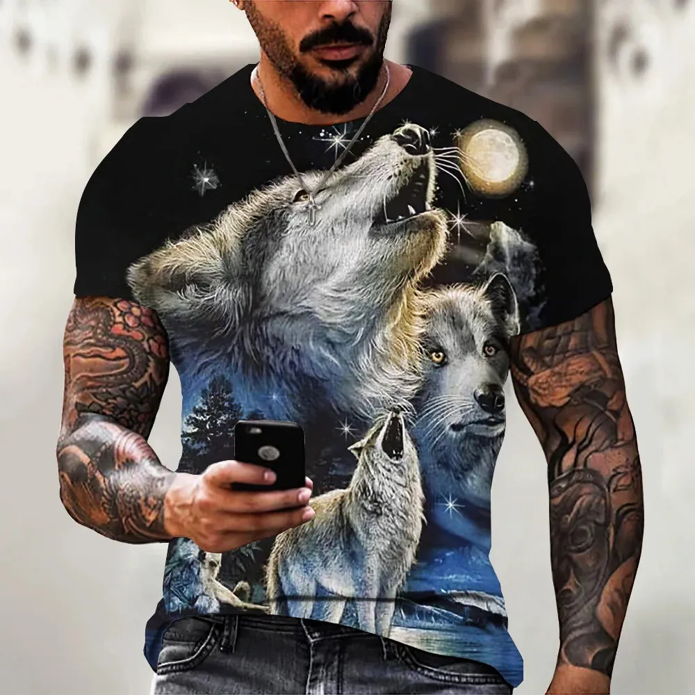 Men's 3D Wolf Print Oversized Streetwear Tee
