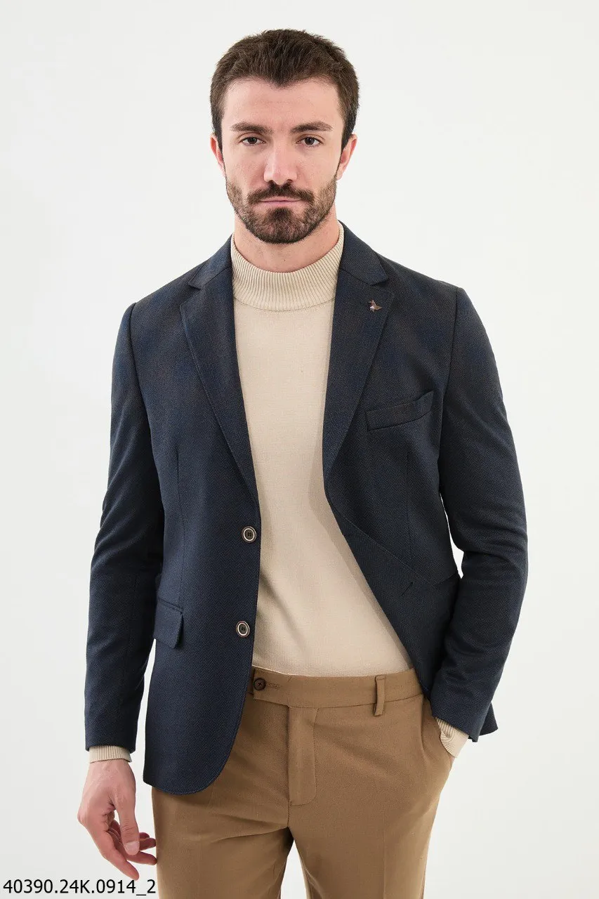 Men's Navy Textured Slim Fit Blazer