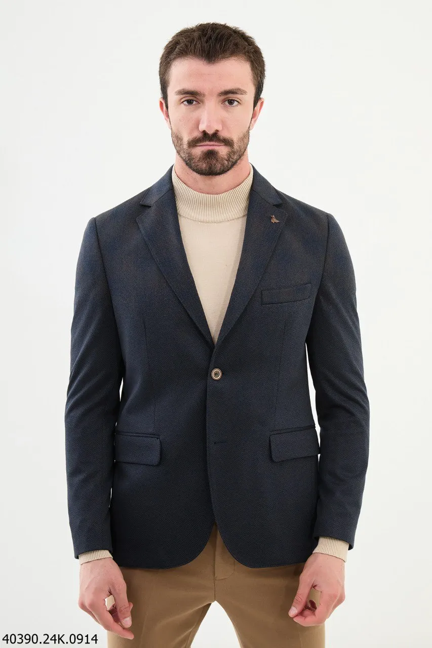 Men's Navy Textured Slim Fit Blazer