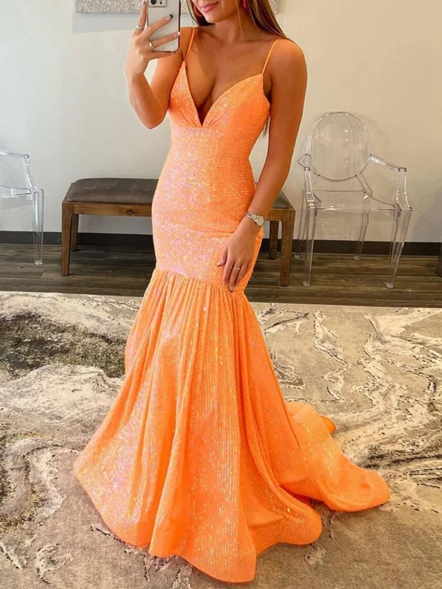 Mermaid V Neck Sequins Prom Dresses