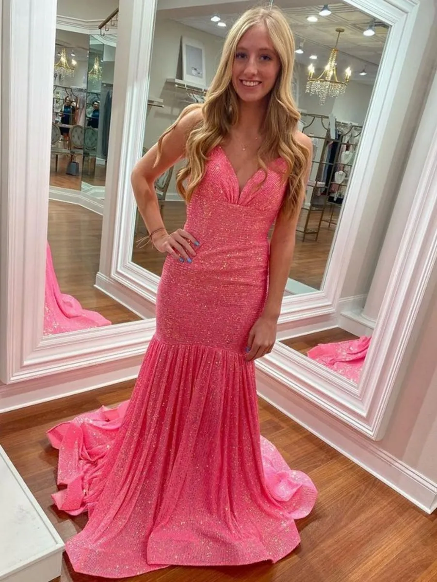 Mermaid V Neck Sequins Prom Dresses