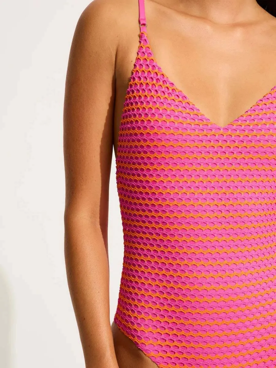 Mesh Effect V Neck One Piece in Hot Pink