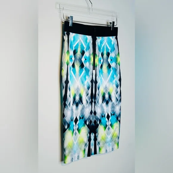Milly Satin Diamond Stain Glass Blue Green Print Midi Pencil Skirt Size 4