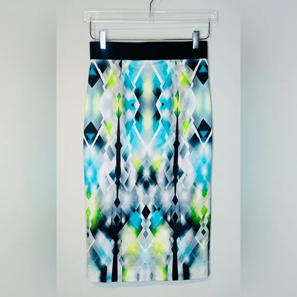 Milly Satin Diamond Stain Glass Blue Green Print Midi Pencil Skirt Size 4