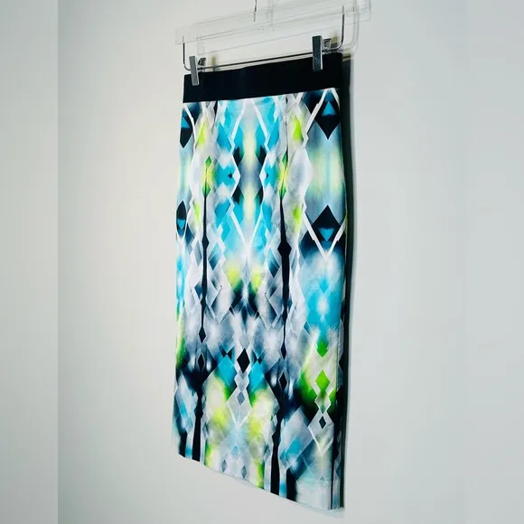 Milly Satin Diamond Stain Glass Blue Green Print Midi Pencil Skirt Size 4