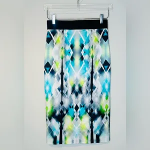 Milly Satin Diamond Stain Glass Blue Green Print Midi Pencil Skirt Size 4