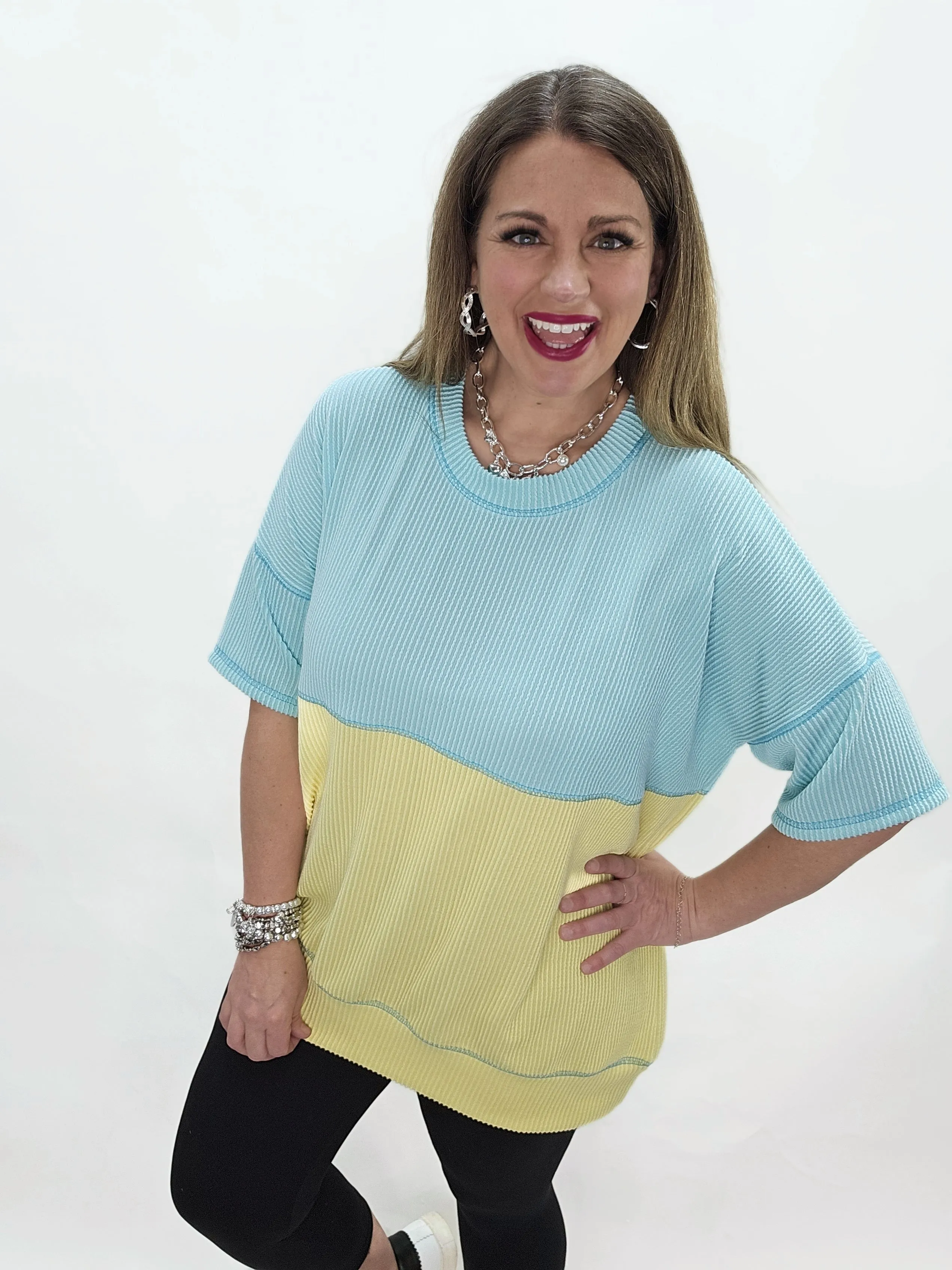 MINT/YELLOW RAISED RIBBED COLORBLOCK OVERSIZED TOP